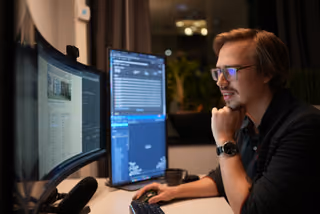 A colleague concentrating at a desk with a curved monitor and a second screen showing code.